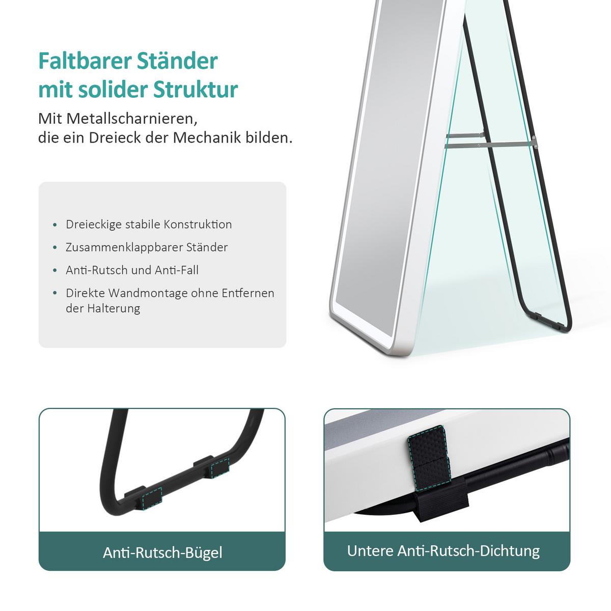 STANDSPIEGEL mit Beleuchtung und Rahmen weiß 147/45 cm - Weiß, Glas/Metall (45/147/147cm) - EMKE