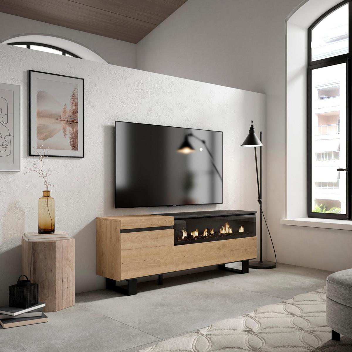 LOWBOARD mit Elektrokamin, Eiche, Schwarz, 150/35/57cm - Naturfarben, Holzwerkstoff (150/57/35cm) - Skraut Home