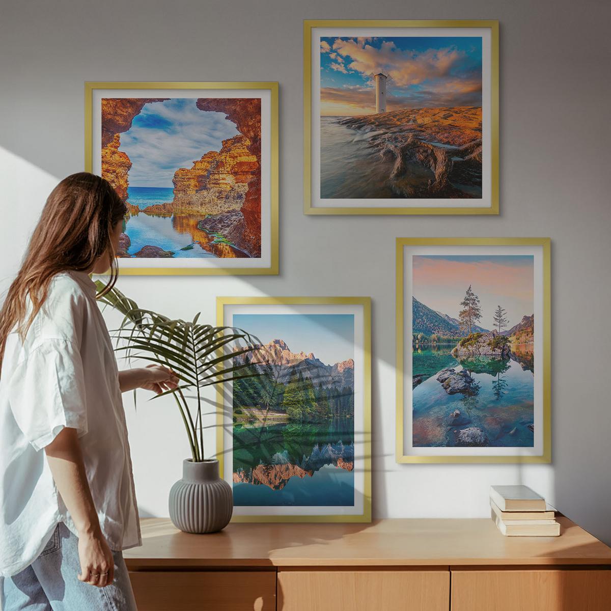 BILDER SET 4er Set - 50x50 cm & 40x60 cm Goldrahmen - Spiegelung der Felsen in Bergseen - Goldfarben, Kunststoff (50/50cm) - TULUP