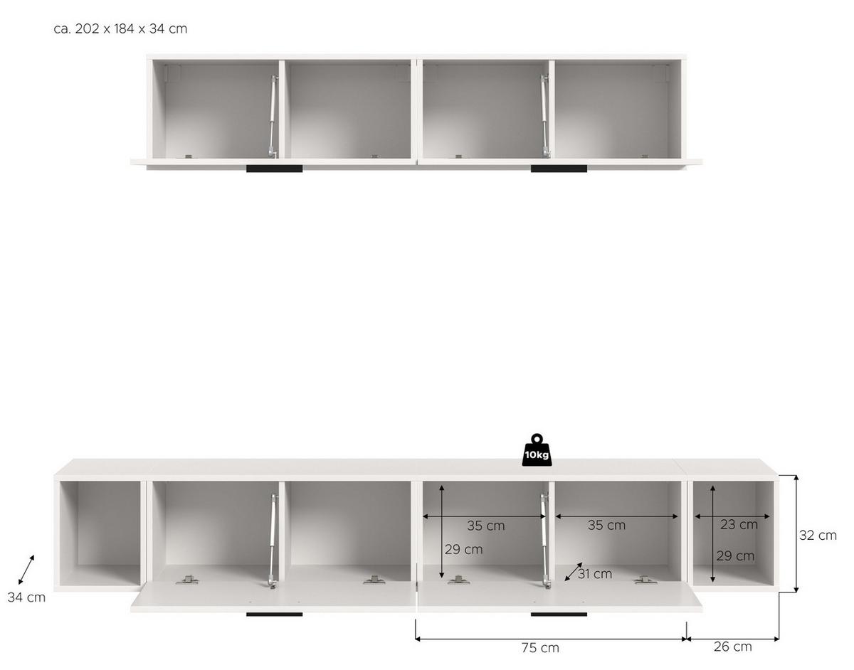 WOHNWAND weiß 202 cm, Schrankwand mit Soft-Close - Schwarz/Weiß, Holzwerkstoff/Kunststoff (202/184/34cm) - Inn.Furn