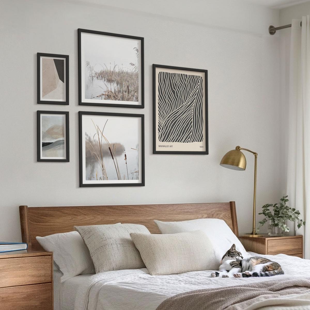 BILDER SET 5er Set - 50x50 cm & 20x30 cm & 40x60 cm Schwarzer Rahmen - Abstrakte Boho-Dekorationsmuster - Schwarz, Kunststoff (40/60cm) - TULUP