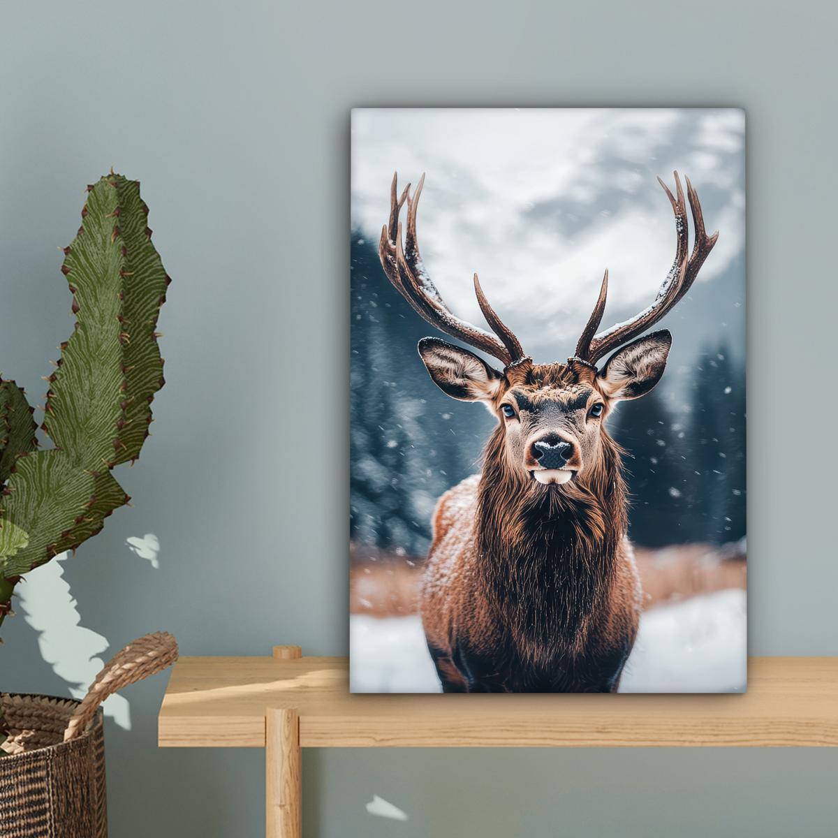 LEINWANDBILD Hirsche - Tiere - Landschaft - Winter - Schnee Deko Wohnzimmer 20x30 cm - Kastanienfarben, Textil (20/30cm) - MuchoWow