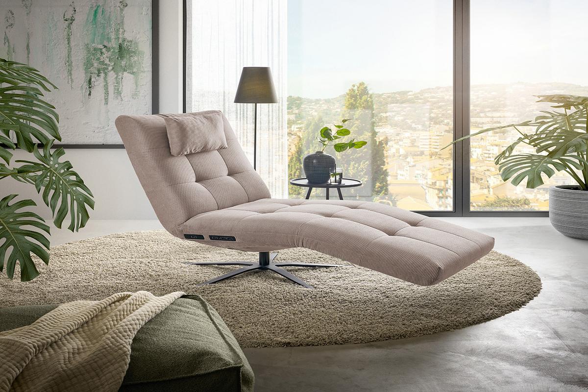 RELAXLIEGE LETICIA Beige Cord Drehbar (360°), Relaxfunktion - Beige/Schwarz, Textil/Metall (82/115/156cm) - KAWOLA