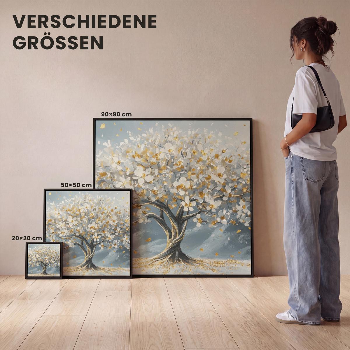 LEINWAND Bilder mit Rahmen - Baum - Winter - Baum des Lebens - Modern - Gold - 90x90 - Goldfarben, Textil (90/90cm) - MuchoWow
