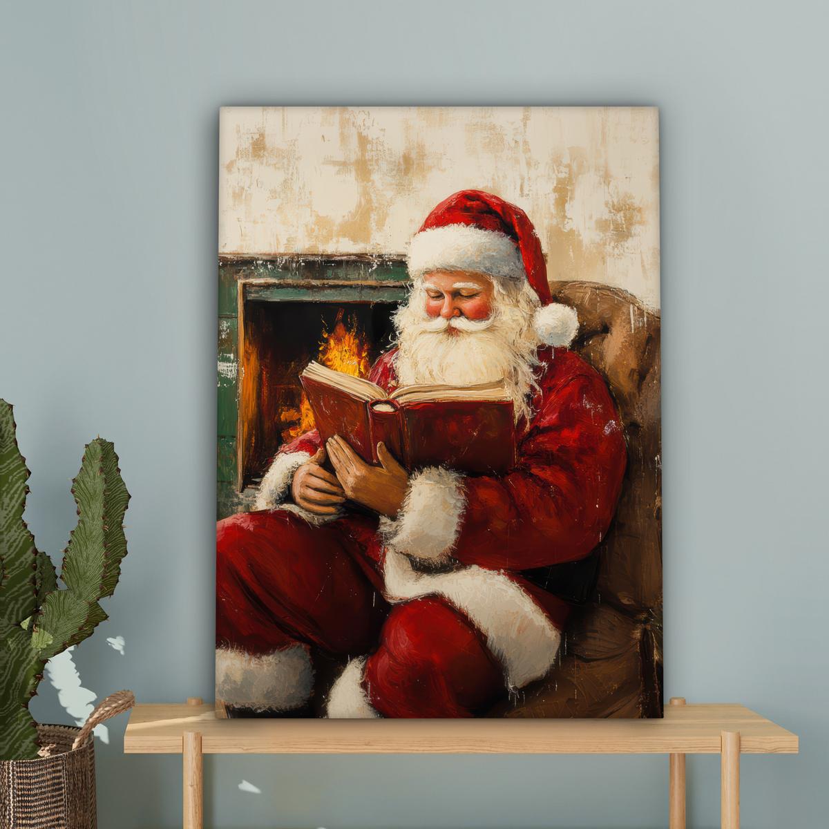LEINWANDBILD Weihnachten - Weihnachtsmann - Winter - Open Fireside Wandbild Wohnzimmer 60x80 cm - Dunkelrot, Textil (60/80cm) - MuchoWow