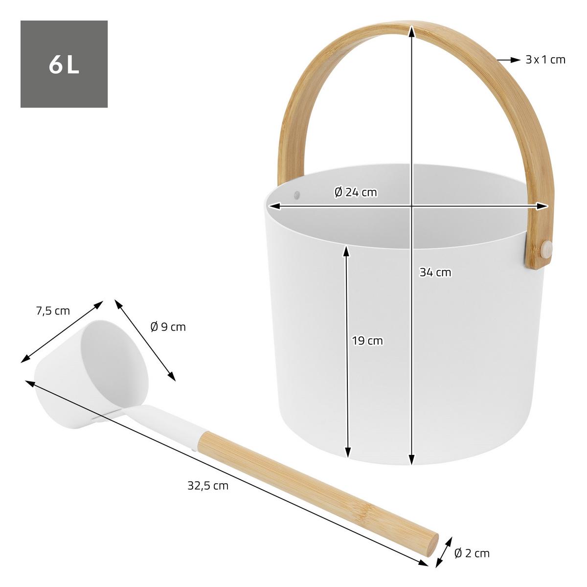 SAUNAZUBEHÖR-SET aus Aluminium & Holz, Weiß, Aufgusskübel & Schöpfkelle - Weiß, Metall (24/34/32.5cm) - LuxeBath
