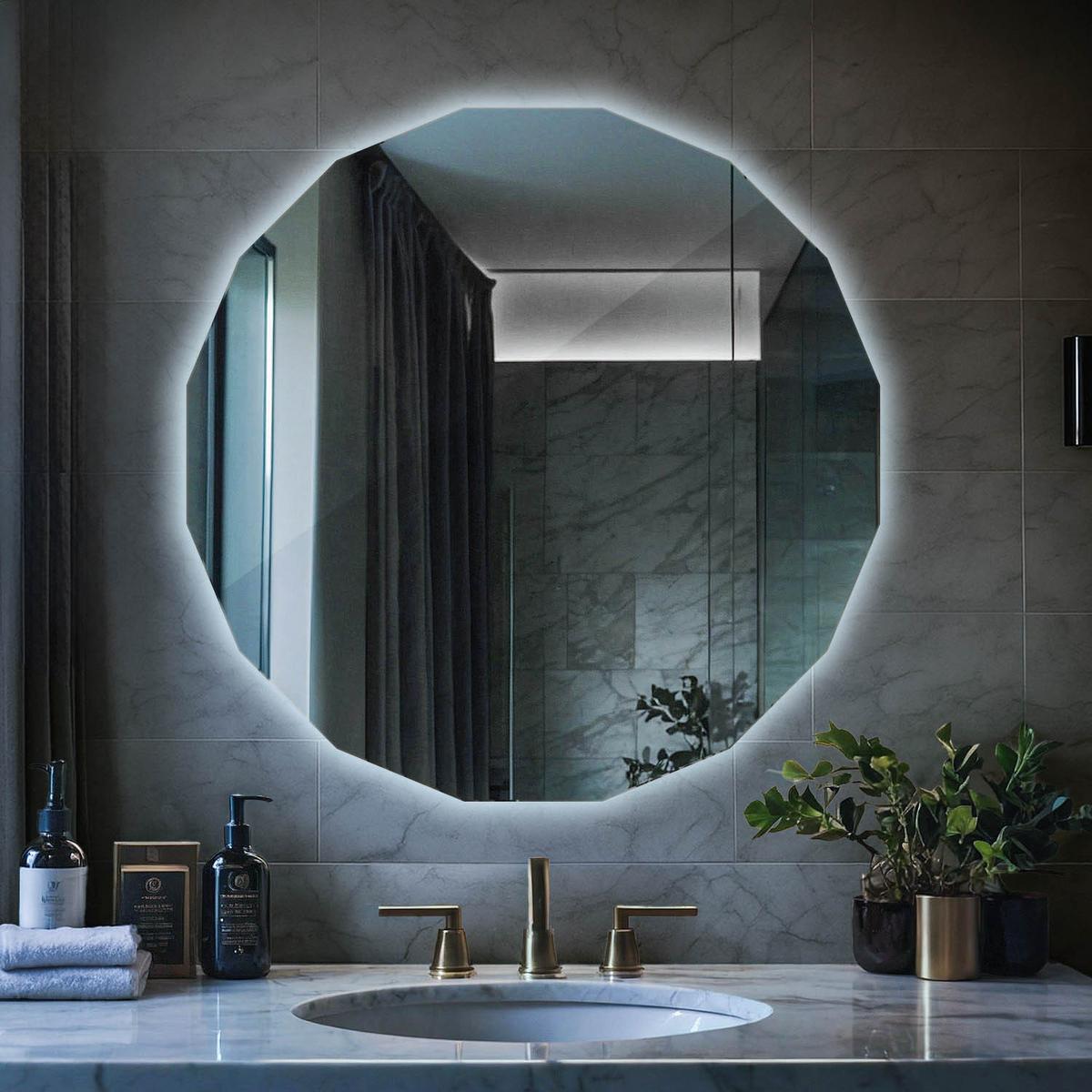 LED-SPIEGEL 50 cm x 50 cm Asymmetrische Form Kaltweiß 6000 K - Platinfarben, Glas (50/50/0.4cm) - Wallfluent