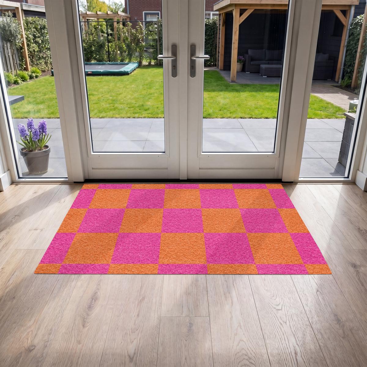 FUSSMATTE Schachbrettmuster - Orange - Rosa - Blöcke Schmutzfangmatte 150x90 cm - Pink, Kunststoff (150/0.4cm) - MuchoWow