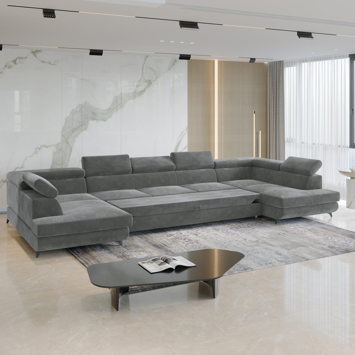 WOHNLANDSCHAFT URMANO Grau Velours-Stoff mit Schlaffunktion - Grau, Holz (395/89/190cm) - MASSENO
