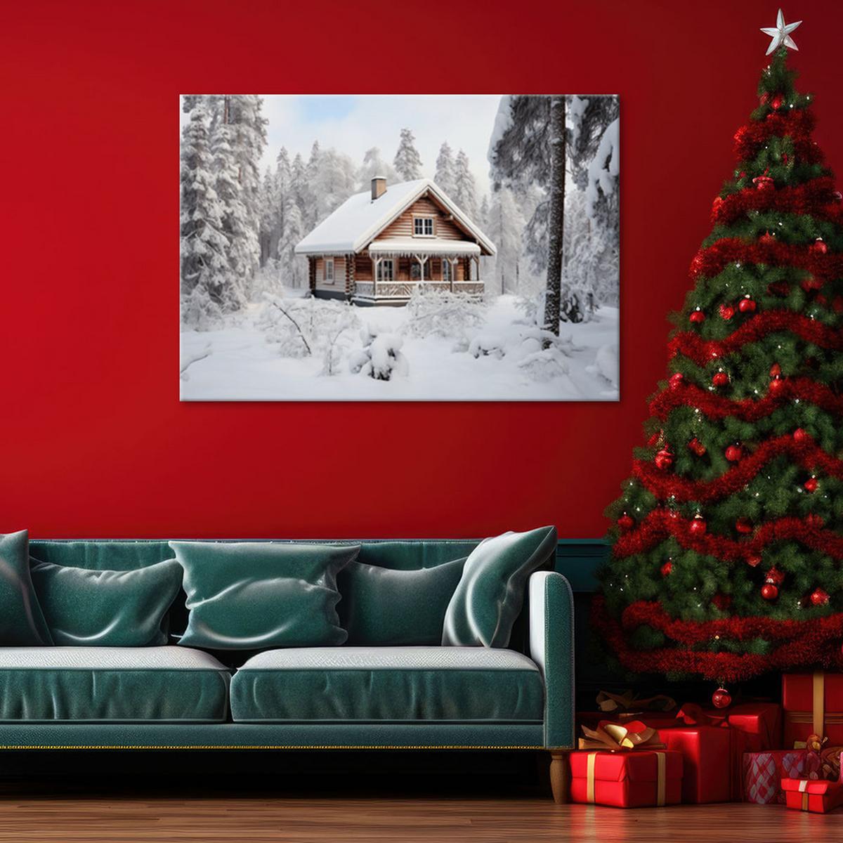 WANDBILD hütte im wald winter - Weiß, Textil (60/40cm) - Feeby