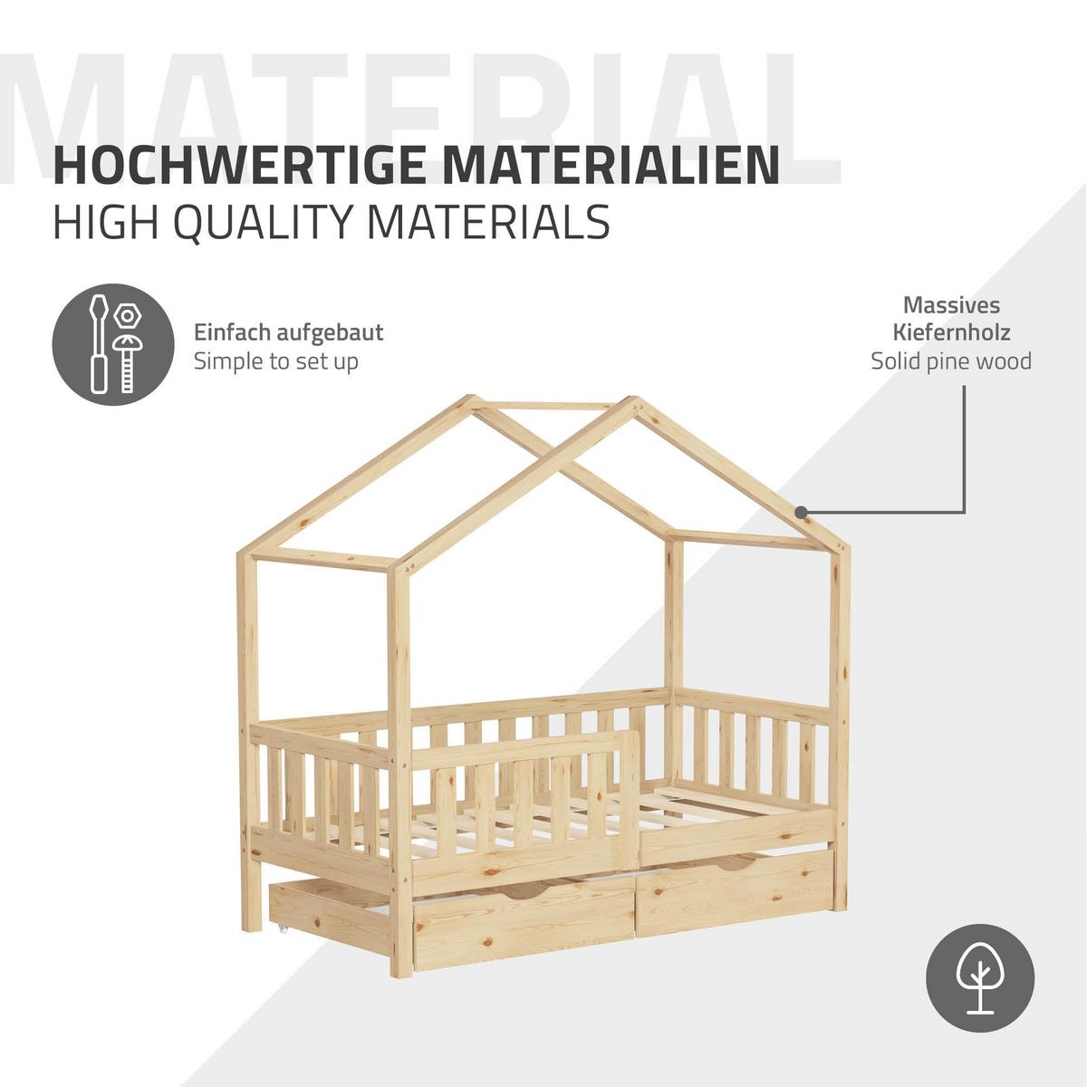 HAUSBETT mit Matratze 70x140 cm und 2 Schubladen Natur aus Kiefernholz - Beige, Holz (70/140cm) - ML-DESIGN