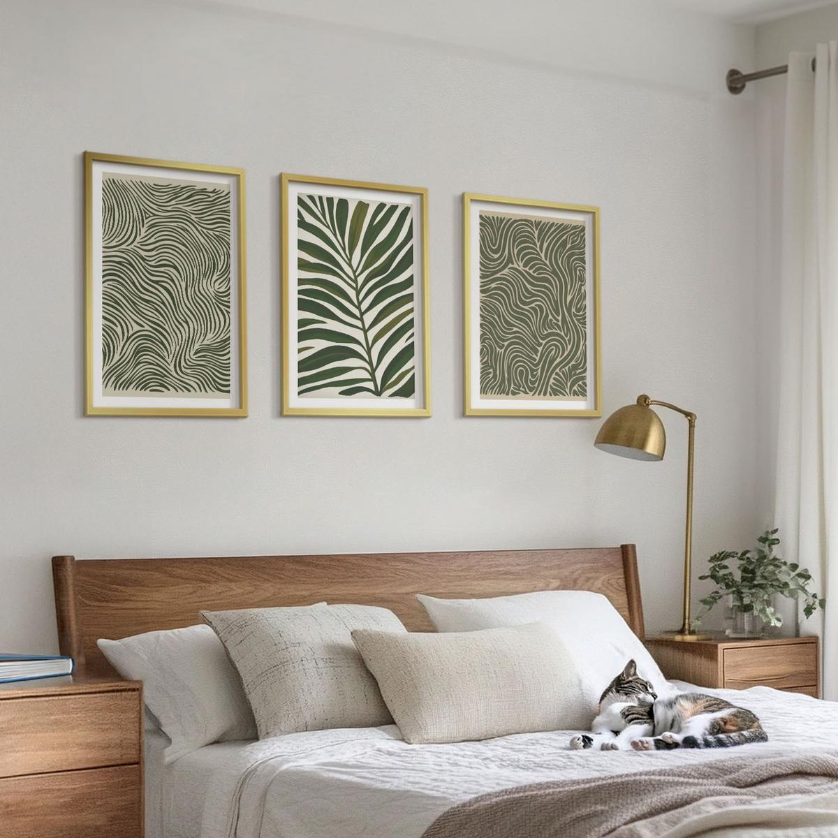 BILDER SET 3er Set - 40x60 cm Goldrahmen - Blattmuster wellenförmige Formen - Goldfarben, Kunststoff (40/60cm) - TULUP