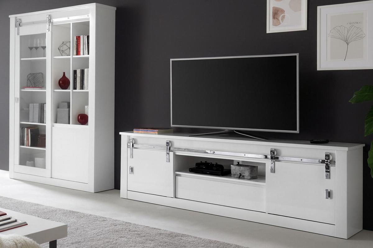 WOHNWAND weiß Hochglanz 2-teilig 349 x 201 cm, Wohnkombination mit Soft-Close - Chromfarben/Weiß Hochglanz, Glas/Holzwerkstoff (349/201/43cm) - Furn.Design