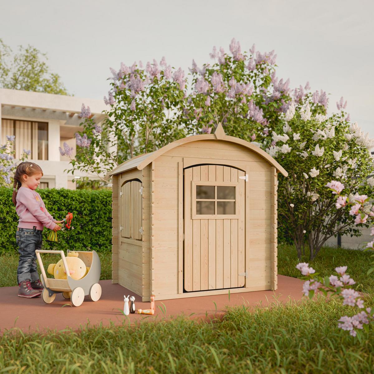 KINDERSPIELHAUS aus Holz MIT BÖDEN - B112xL146xH145 cm/1,1m2 - M505 - Beige, Holz (146/145/112cm) - Timbela