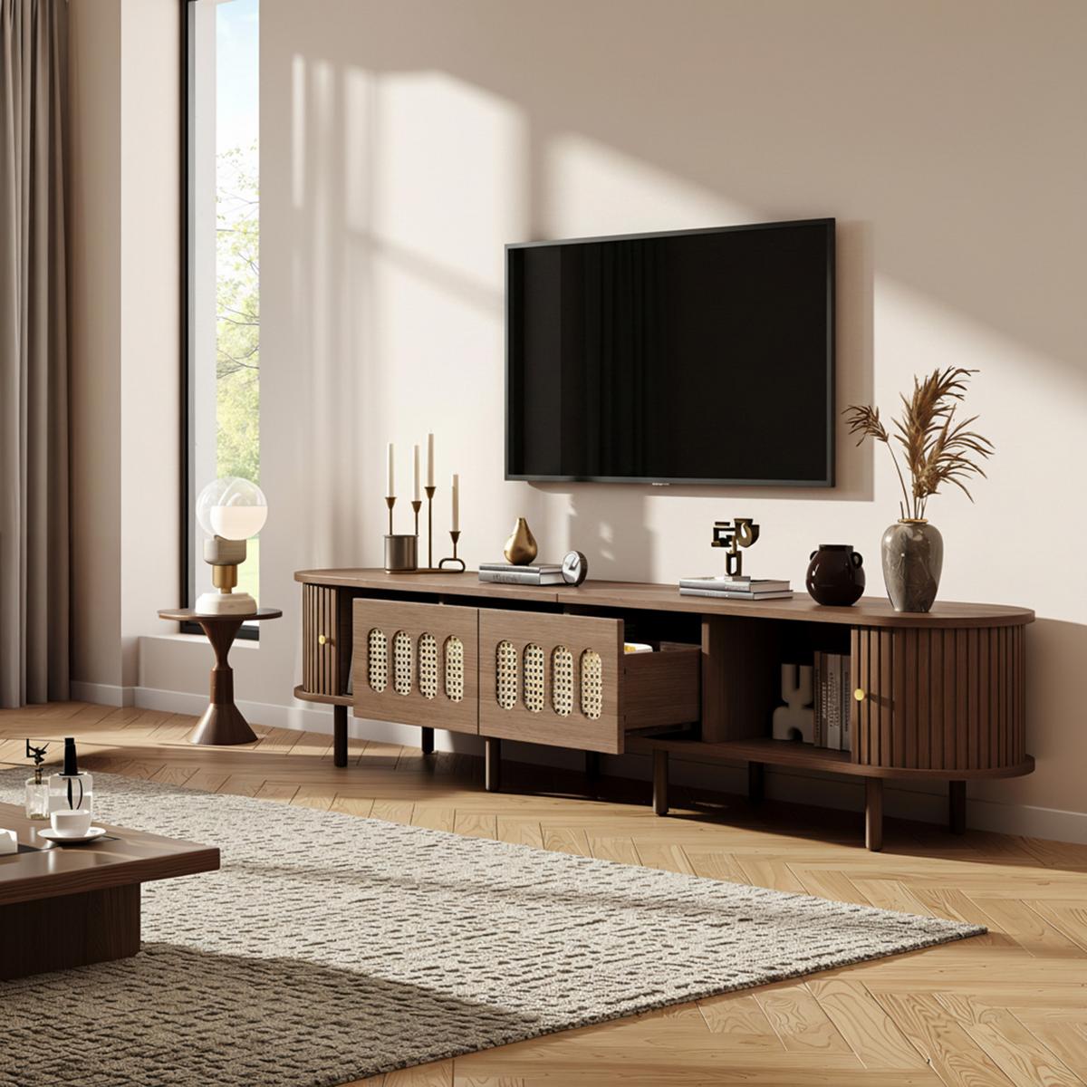 TV LOWBOARD walnuss rattan oval 180cm retro - Walnussfarben, Holzwerkstoff (180/40/40cm) - Urban Meuble