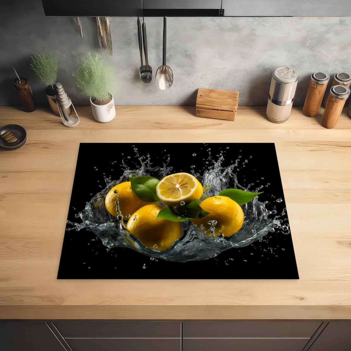 HERDABDECKPLATTE Zitrone - Obst - Gelb - Schwarz Herdabdeckung Induktionsfeld 65x52 cm - Gelb, Kunststoff (65/52/0.2cm) - MuchoWow