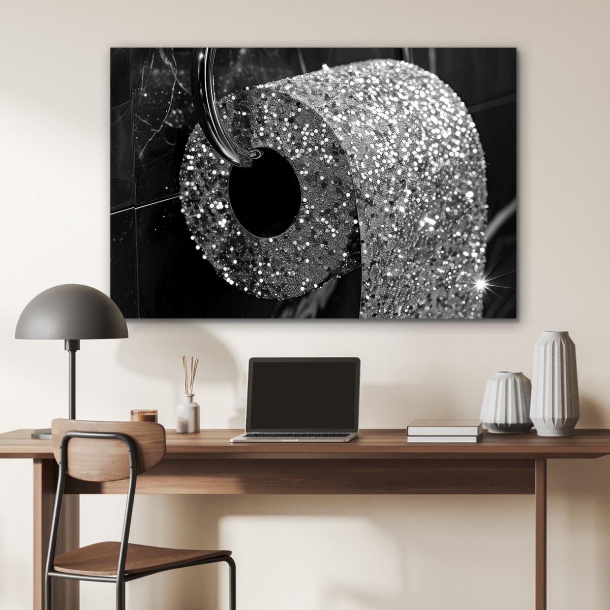METALLBILD WC - Toilettenpapier - Schwarz und weiß - Glitter Wanddeko 90x60 cm - Silberfarben, Metall (90/60cm) - MuchoWow