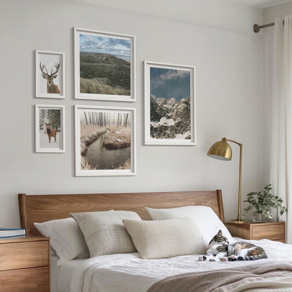 BILDER SET 5er Set - 50x50 cm & 20x30 cm & 40x60 cm Weißer Rahmen - Berge, Schnee, Hirsche, Waldlandschaft - Weiß, Kunststoff (40/60cm) - TULUP