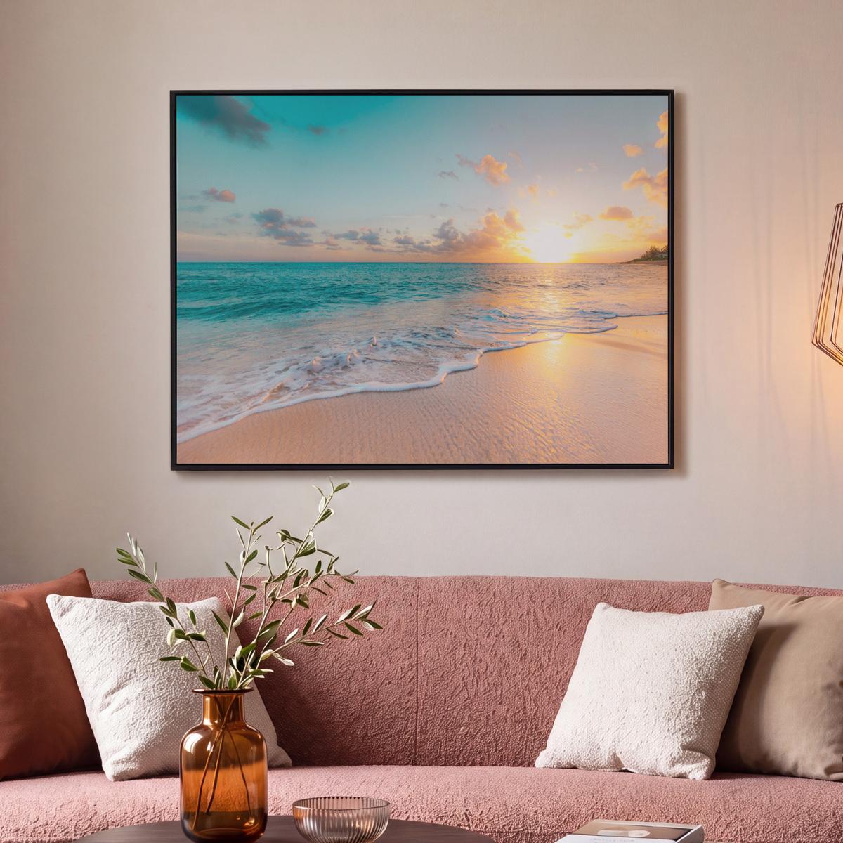 LEINWAND Bilder mit Rahmen - Sonnenuntergang - Strand - Meer - Sommer - Blau - 100x70 - Multicolor, Textil (100/70cm) - MuchoWow