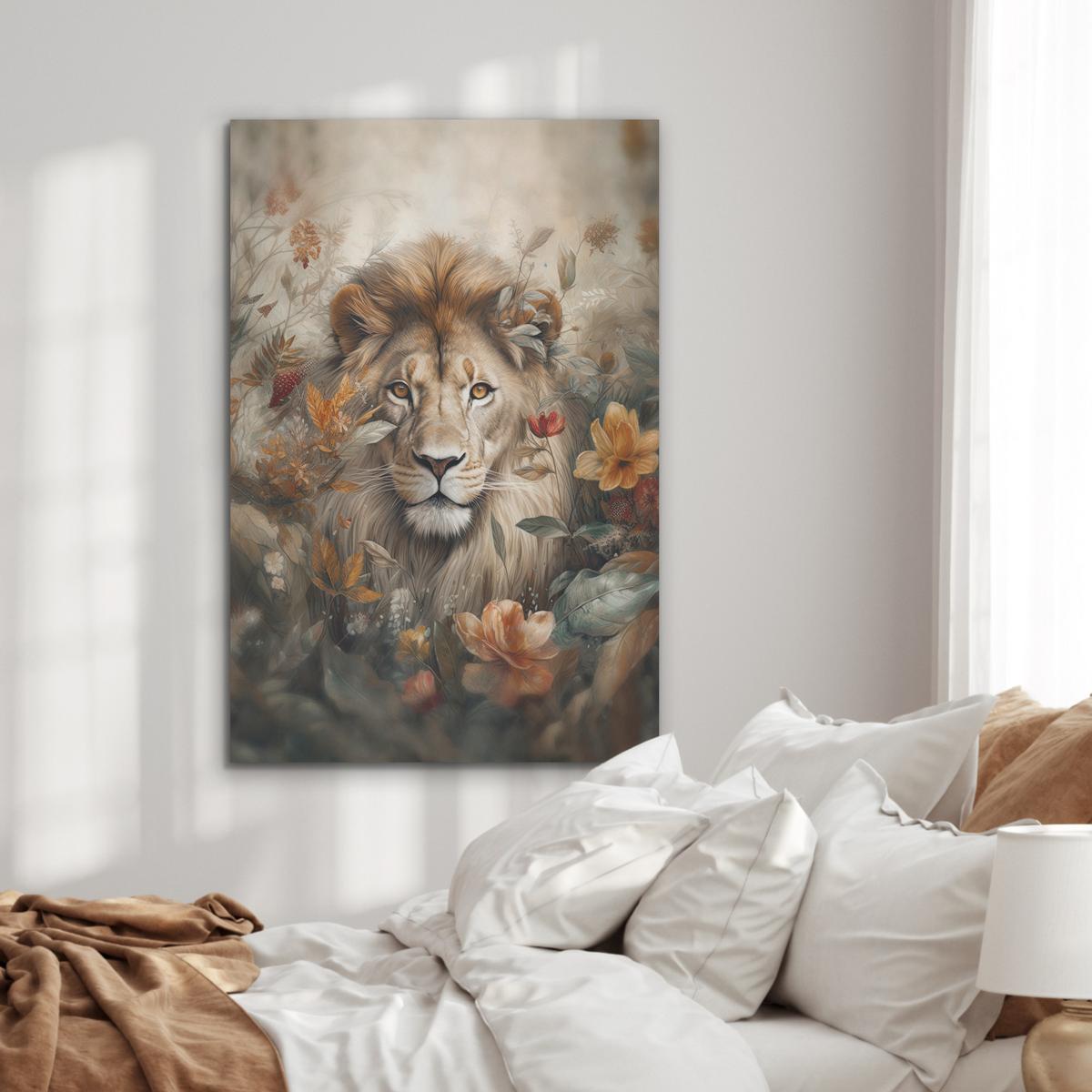 AKUSTIKBILD Löwe - Wildtiere - Pflanzen - Natur - Blumen Wanddeko 70x100 cm - Beige, Kunststoff (70/100/0.9cm) - MuchoWow