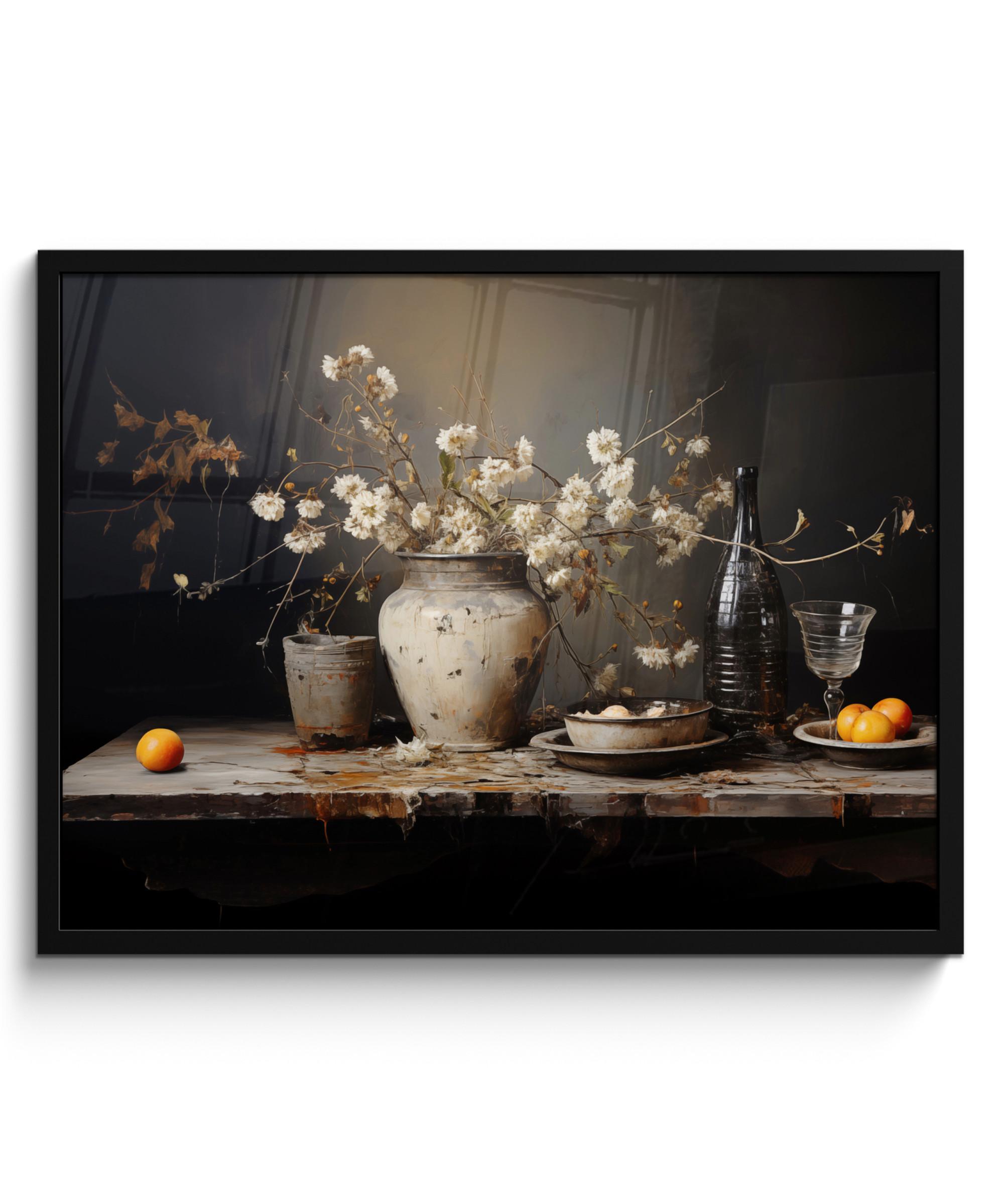 POSTER MIT RAHMEN Stilleben - Blumen - Blumenstrauß - Vase - Wein 80x60 cm - Schwarz, Papier (80/60cm) - MuchoWow