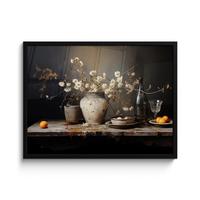 POSTER MIT RAHMENGERAHMTES BILD Stilleben - Blumen - Blumenstrauß - Vase - Wein 80x60 cm - Schwarz, Papier (80/60cm) - MuchoWow