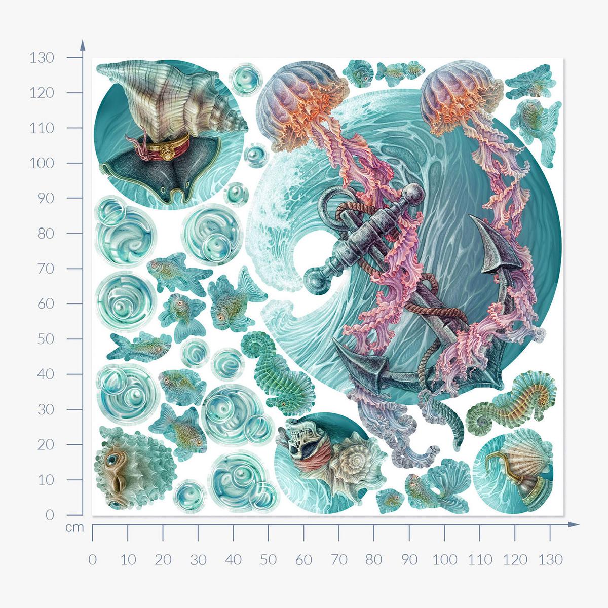 WANDAUFKLEBER 130x134cm - Die Welt der Quallen - Multicolor, Kunststoff (130/134/0.1cm) - Wallfluent