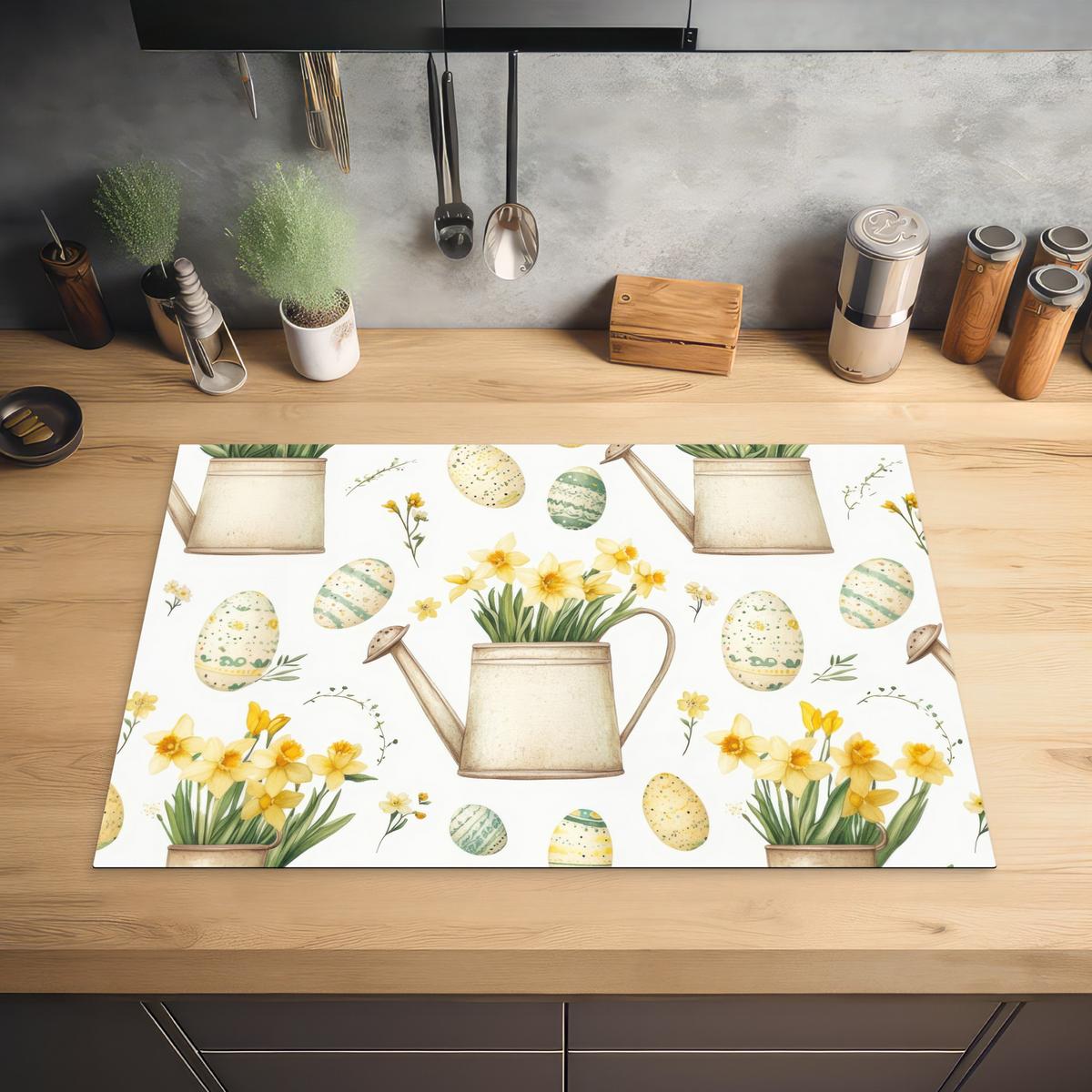 HERDABDECKPLATTE Gießkanne - Blumen - Eier Induktionsmatte 77x51 cm - Weiß, Kunststoff (77/51/0.2cm) - MuchoWow