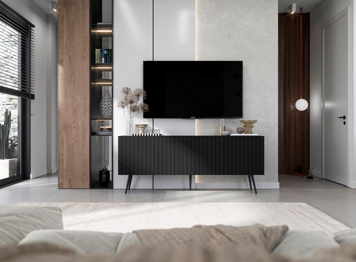 TV-SCHRANK Elpis Schwarz Matt mit Metallbeine Glamour 150 cm - Schwarz, Holzwerkstoff/Metall (150/60.5/36.5cm) - Meble Lindner