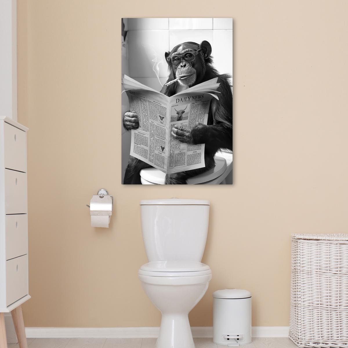 LEINWANDBILD Affe - WC - Zeitung - Schwarz-Weiß - Humor Wanddeko Schlafzimmer 60x90 cm - Hellgrau, Textil (60/90cm) - MuchoWow
