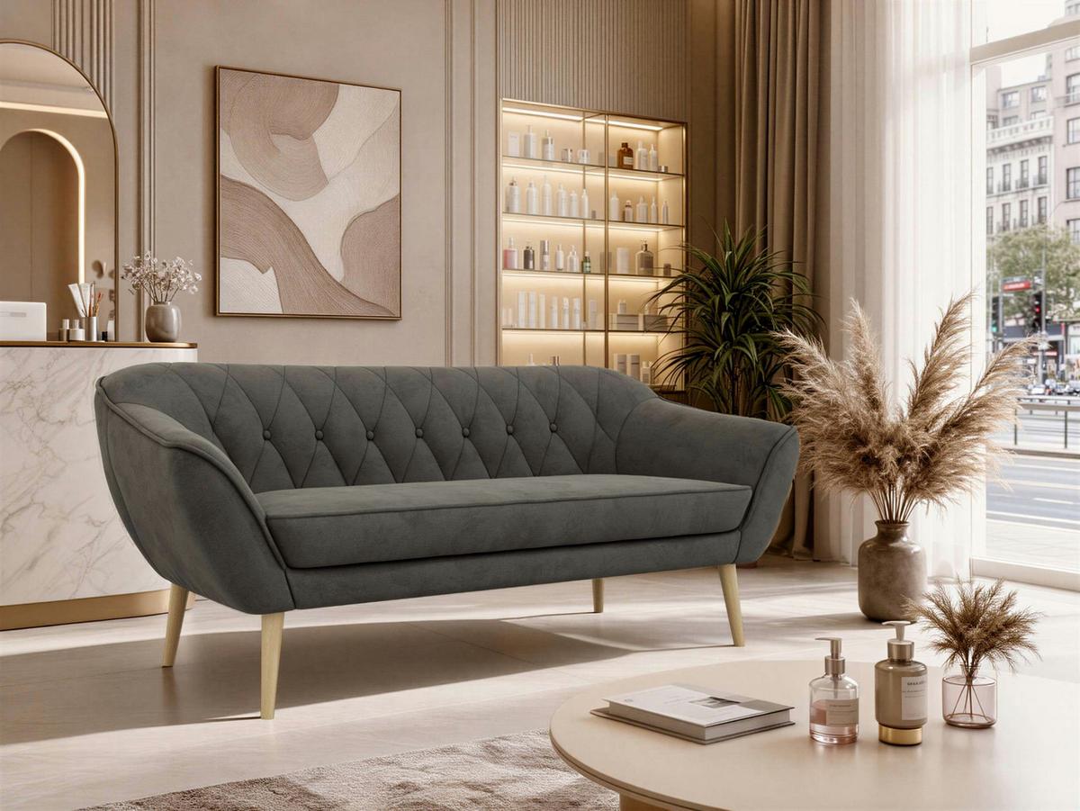3-SITZER-SOFA PIRS - Dunkelgrau Velvet - Holzbeine - Dunkelgrau/Buchefarben, Holzwerkstoff/Textil (180/75/74cm) - MKS