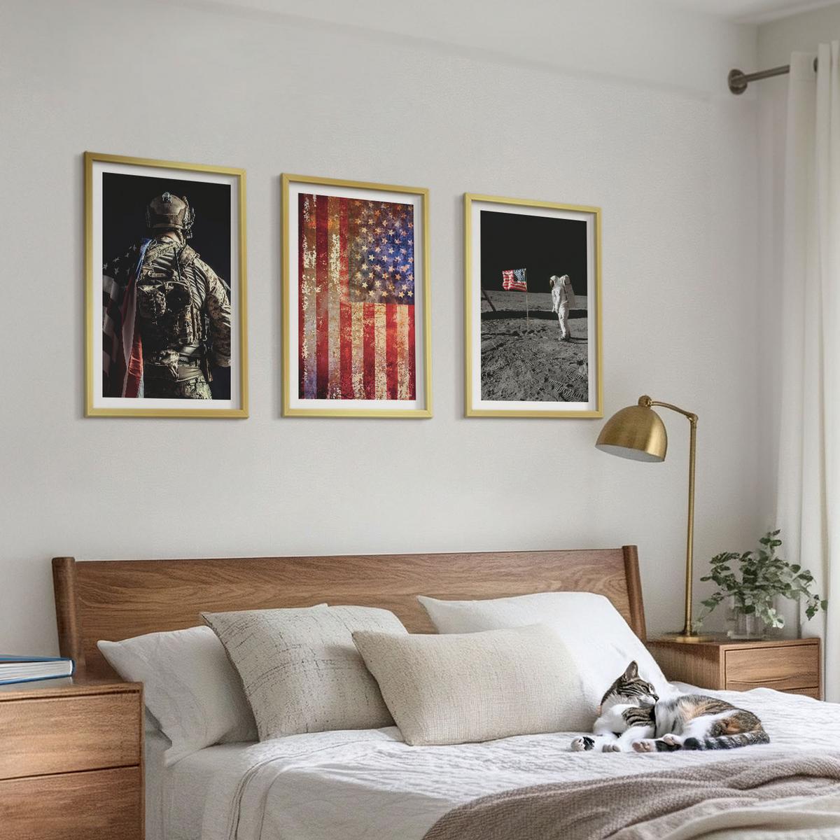 BILDER SET 3er Set - 40x60 cm Goldrahmen - Amerikanische Symbole, USA-Flagge - Goldfarben, Kunststoff (40/60cm) - TULUP