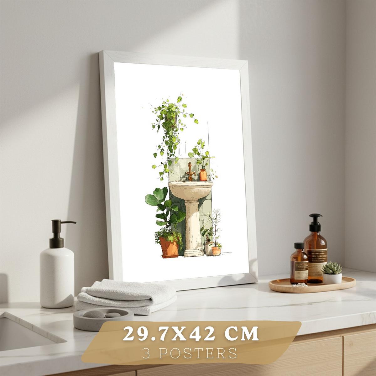 POSTER 3er-Set dekorative Badezimmerbilder, Wanddeko, im botanischen Stil, für Toilette, grüne Pflanzen Weißer Rahmen A3 - Weiß, Papier (42/29.7/3cm) - Nacnic
