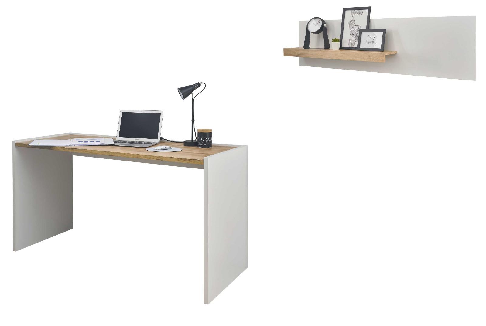 SCHREIBTISCHKOMBINATION 2-teilig weiß matt, Eiche Wotan 143 cm, Büromöbel Set mit Wandregal - Eiche Wotan/Silberfarben, Holzwerkstoff/Kunststoff (143/62/180cm) - Furn.Design