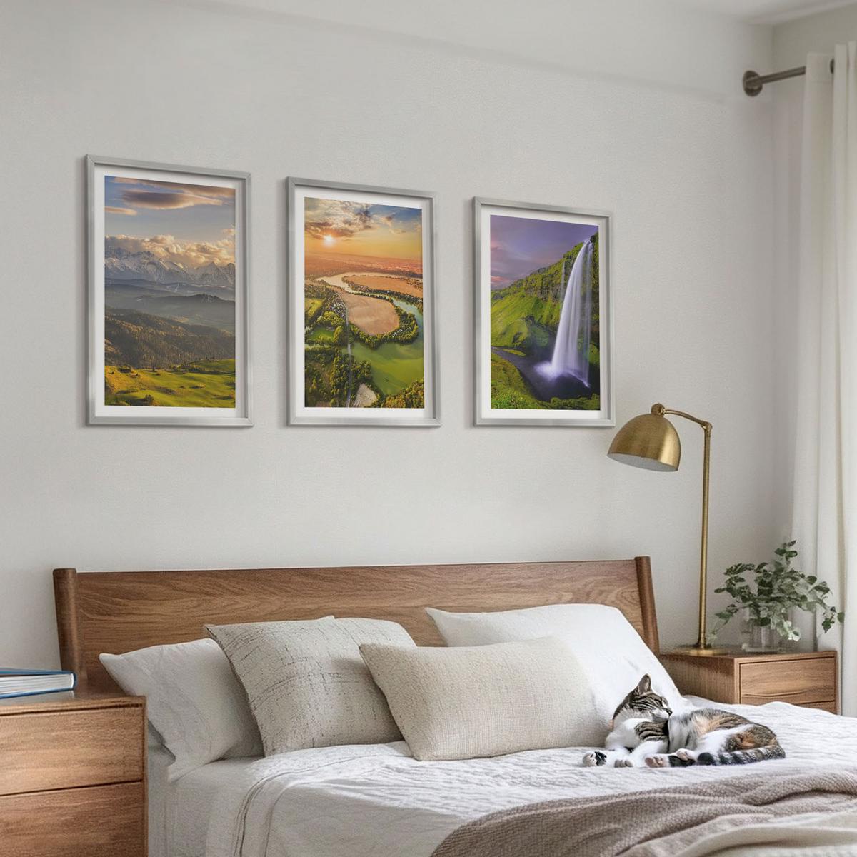 BILDER SET 3er Set - 40x60 cm Silberner Rahmen - Gebirgsflüsse, Wasserfälle, Natur - Silberfarben, Kunststoff (40/60cm) - TULUP