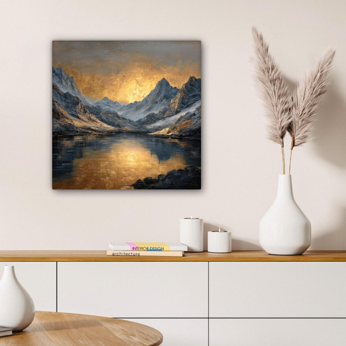 LEINWANDBILD Bergkulisse mit goldenem Sonnenuntergang Wandbild Wohnzimmer 50x50 cm - Goldfarben, Textil (50/50cm) - MuchoWow