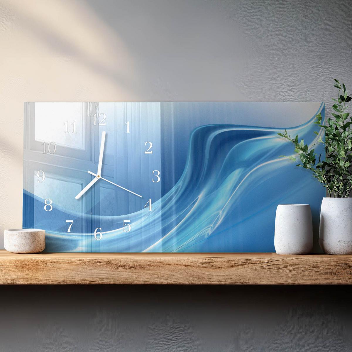 WANDUHR aus Glas 60x30 cm - Blaue Wellen - Blau, Glas (60/30/0.4cm) - TULUP