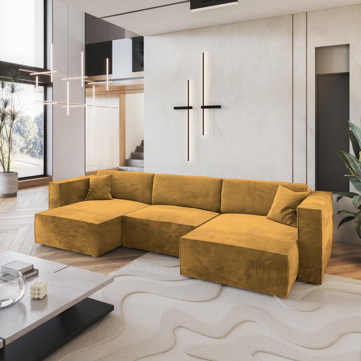 WOHNLANDSCHAFT SARMO M Gelb Velours-Stoff mit Schlaffunktion - Gelb/Grau, Holz/Kunststoff (347/70/148cm) - MASSENO