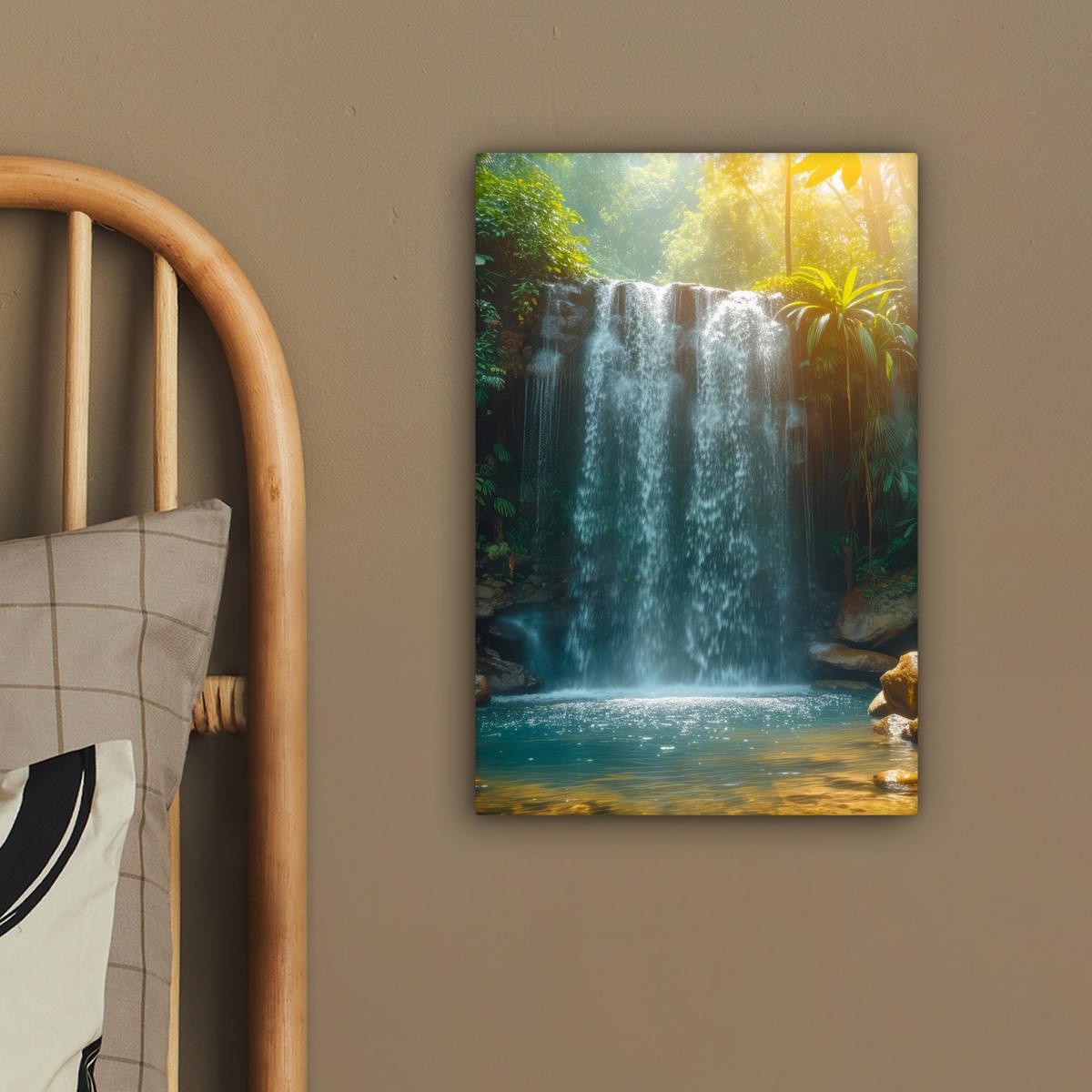 LEINWANDBILD Wasserfall - Dschungel - Sonne - Grün - Natur Deko Wohnzimmer 20x30 cm - Grün, Textil (20/30cm) - MuchoWow