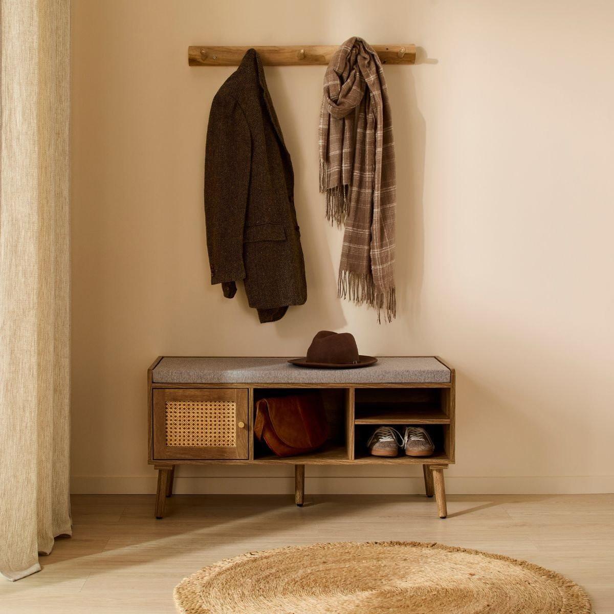 SCHUHBANK 1 Tür mit Rattanfront und 3 offenen Fächern L100 cm 39/100/49 cm - Apfelbaumfarben, Holzwerkstoff (100/49/39cm) - Calicosy