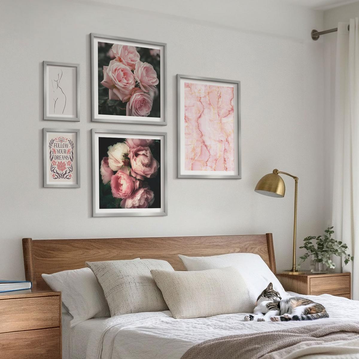 BILDER SET 5er Set - 50x50 cm & 20x30 cm & 40x60 cm Silberner Rahmen - Vintage-Rosen-Marmorträume - Silberfarben, Kunststoff (40/60cm) - TULUP