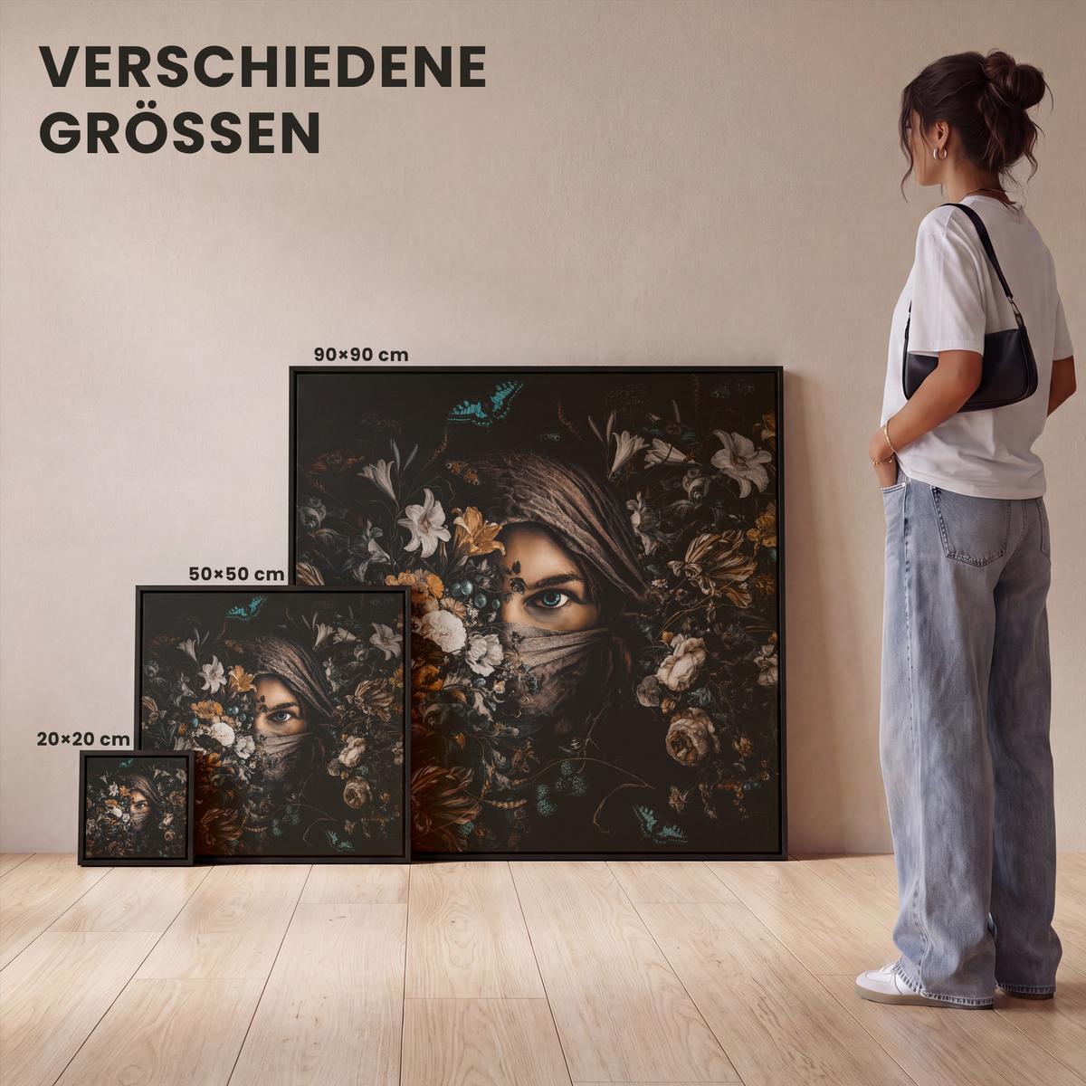 LEINWAND Bilder mit Rahmen - Frau - Luxus - Blumen - Schmetterling - Porträt - 20x20 - Schwarz, Textil (20/20cm) - MuchoWow