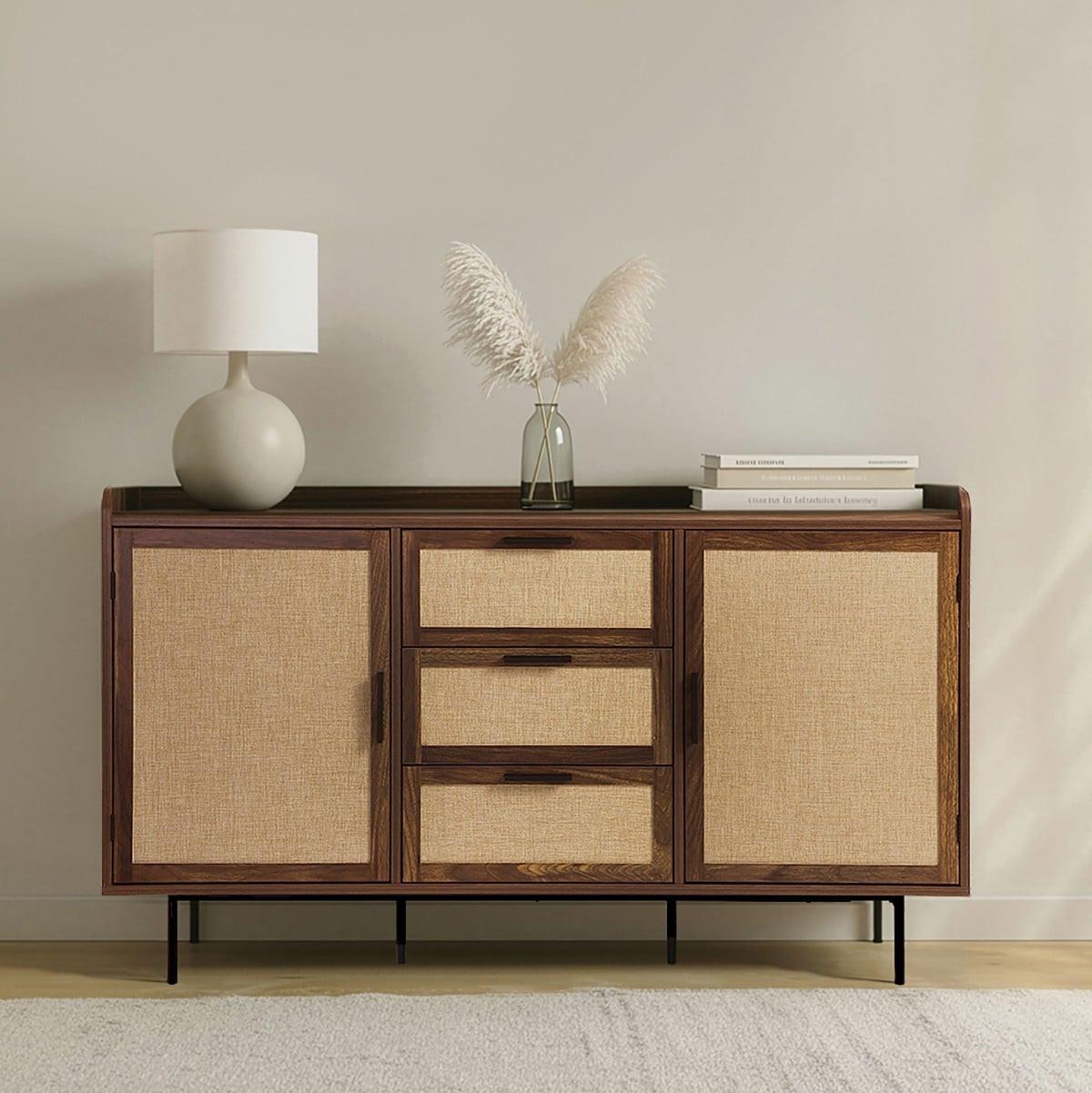 SIDEBOARD im Nussbaumdekor, 2 Türen, 3 Schubladen mit Fronten aus Stoff 140/39,5/79 cm - Nussbaumfarben, Holzwerkstoff (39.5/79/47.5cm) - Calicosy