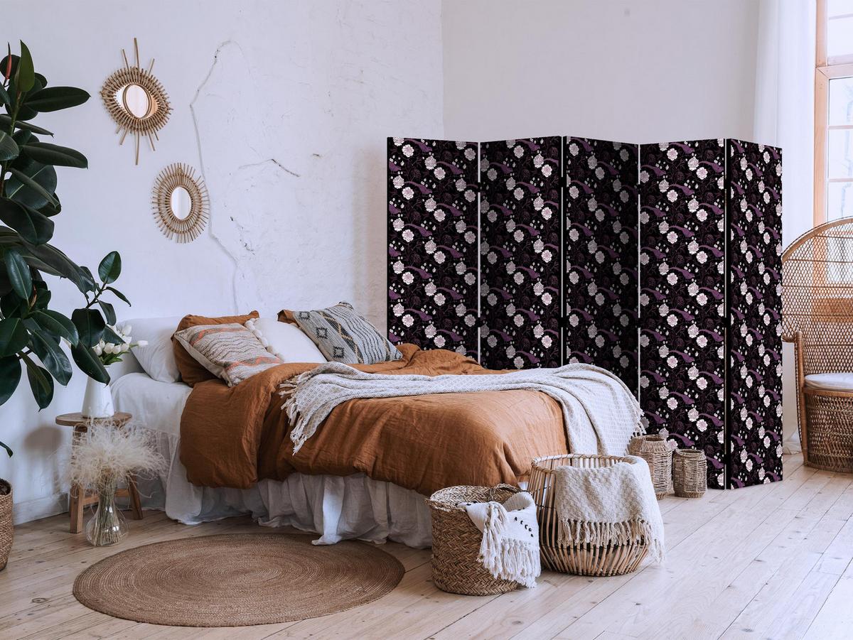 PARAVENT 5-tlg 225x172 cm Vögel und Pfingstrosen - Schwarz, Holz/Textil (225/172/3cm) - Muralo