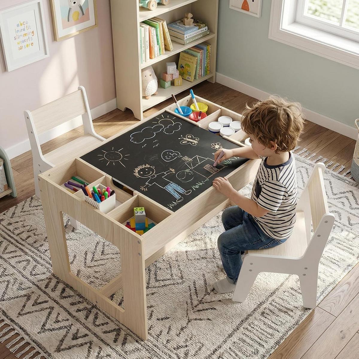 KINDERTISCH mit Stuhl natur(3-tlg) - Naturfarben, Holzwerkstoff (80/48/49cm) - COSTWAY
