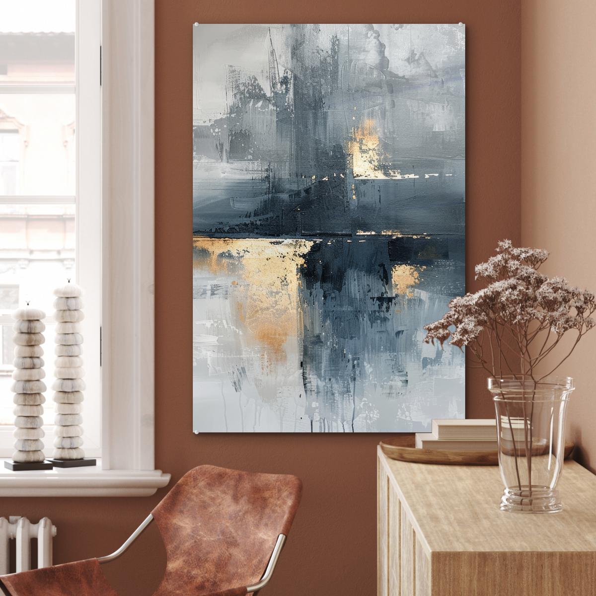 ACRYLGLASBILD Kunst - Grau - Gold - Abstrakt 80x120 cm - Dunkelgrau, Glas (80/120cm) - MuchoWow