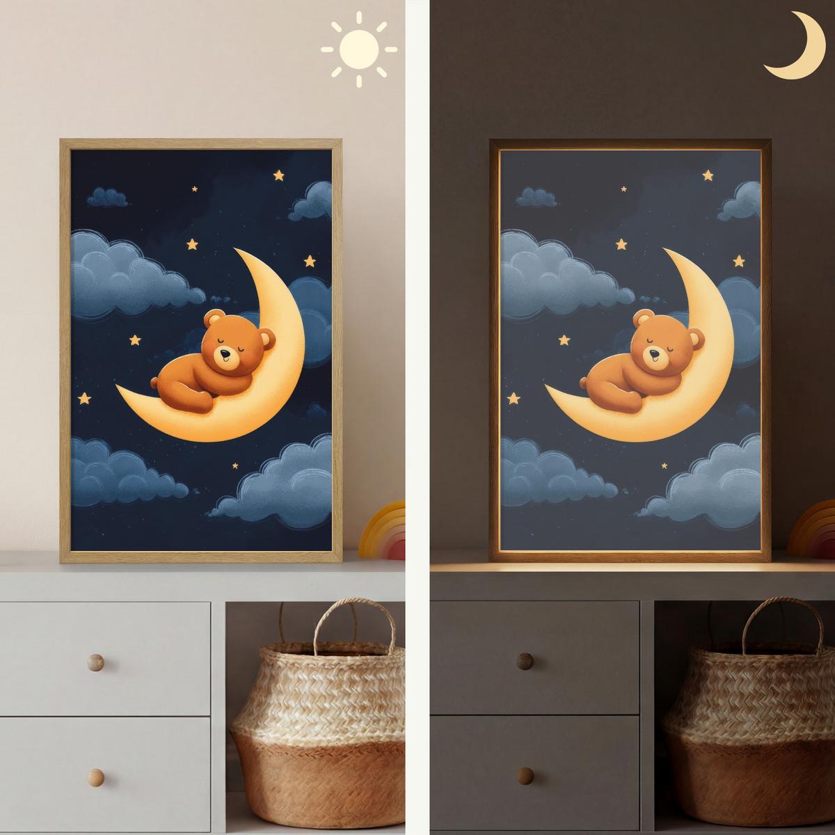 WANDLEUCHTE MIT AKKU Teddybär - Mond - Wolken - Sterne 40x60 cm - Dunkelblau, Holzwerkstoff (40/60/8cm) - OnlyWow
