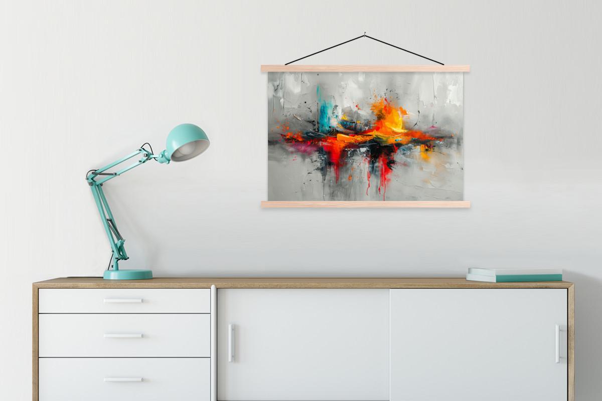 POSTER MIT MAGNETLEISTEN Moderne Kunst - Orange - Grau - Abstrakt Wanddeko 90x60 cm - Hellgrau, Textil (90/60/0.15cm) - MuchoWow