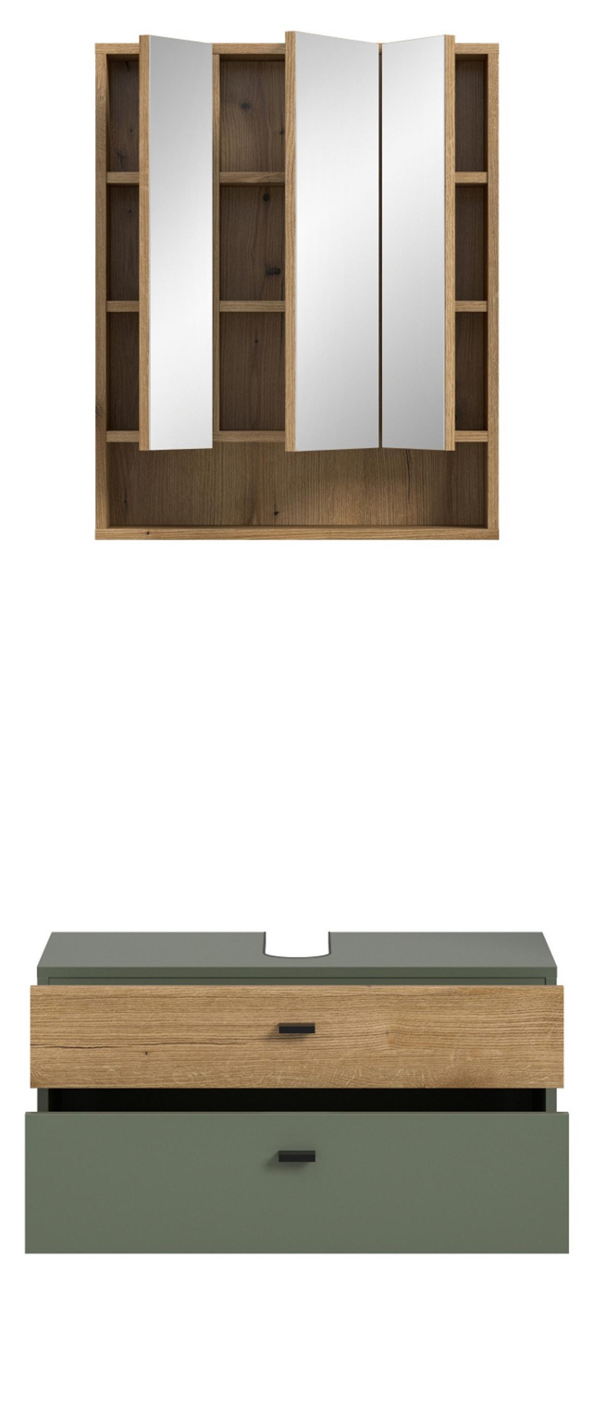 BADMÖBEL-SET grün, Evoke Eiche 2-teilig 75 cm, Badkombination in modernem Design - Eichefarben/Schwarz, Glas/Holzwerkstoff (75/191/35cm) - Inn.Furn