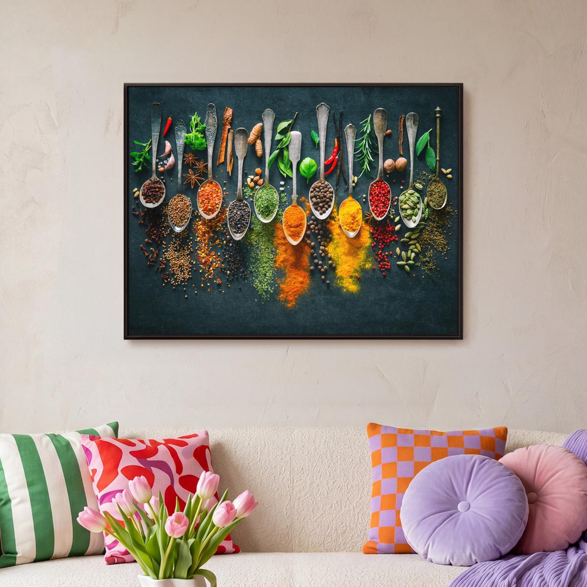 LEINWAND Bilder mit Rahmen - Kräuter - Gewürze - Löffel - 70x50 - Currygelb, Textil (70/50cm) - MuchoWow